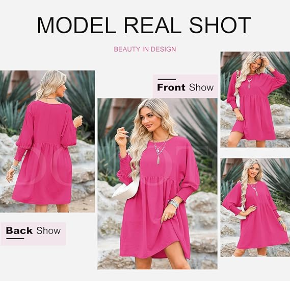 🌷Summer Hot Sale 60% Off💕Round Neck Short Sleeve Smocked Tunic Dress with 3/4 Sleeves