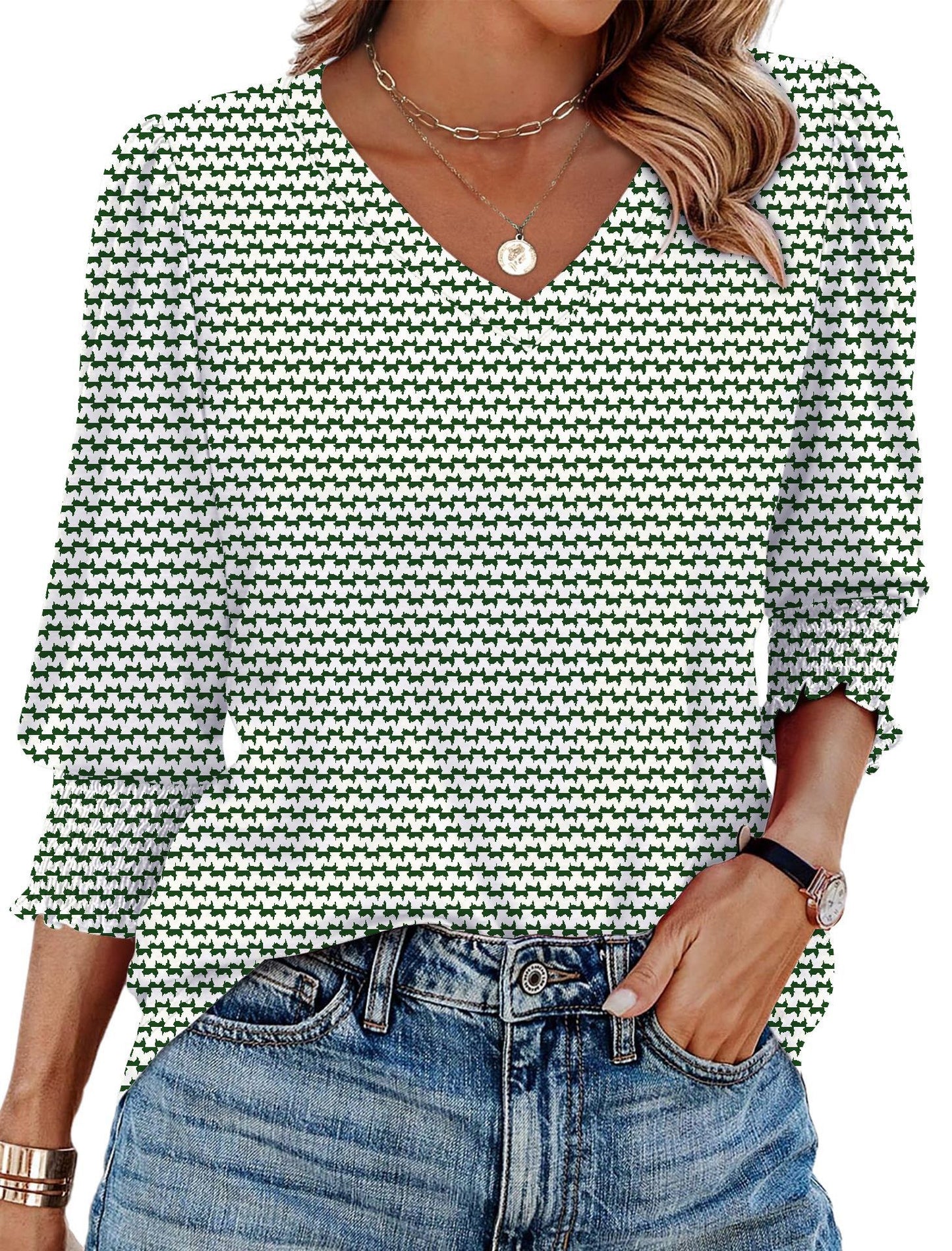 🌞Summer Hot Sale 49% OFF -Women Dressy Casual 3/4 Length Sleeve Blouses with Smocked Cuffs
