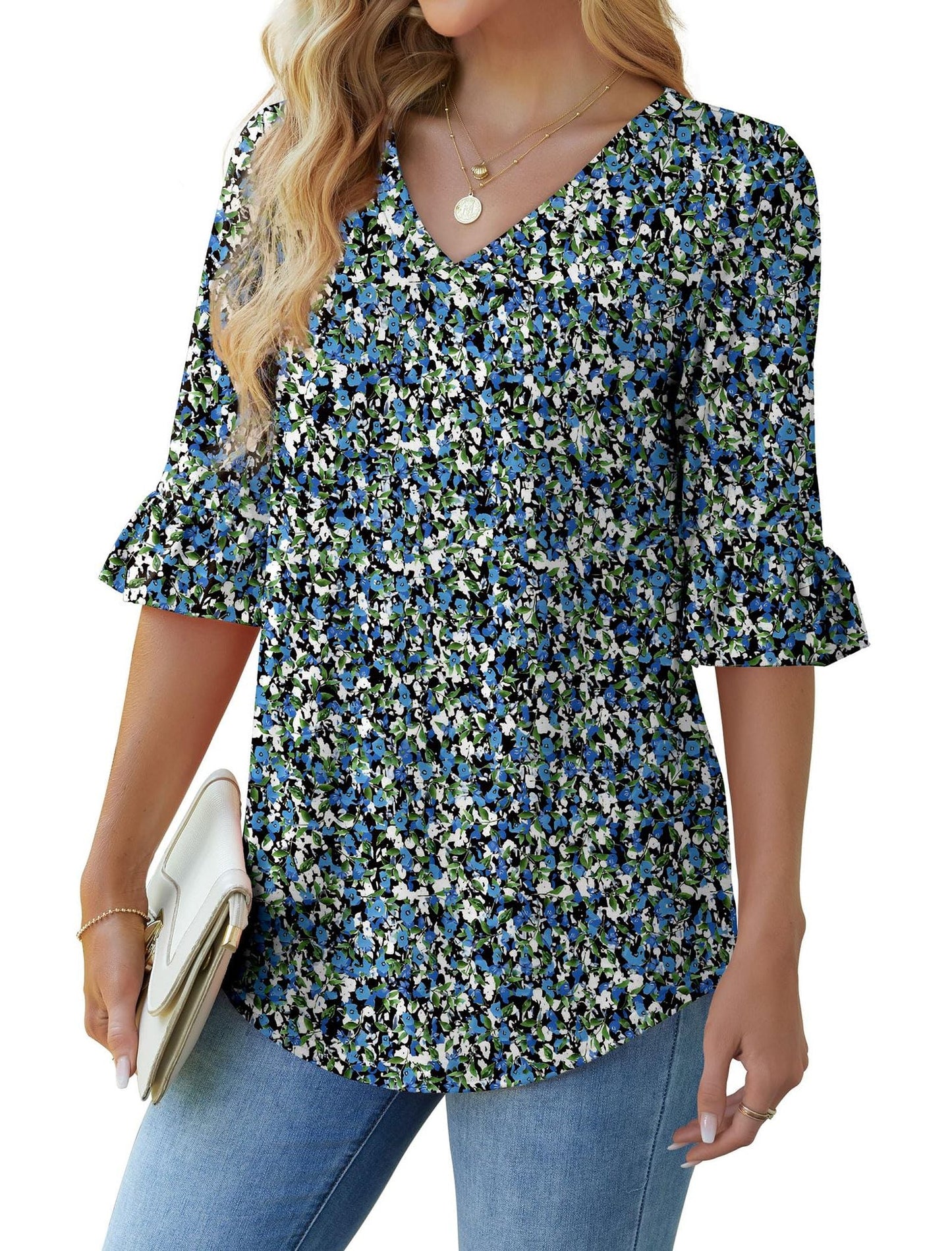 💕Limited time sale 50% off👚Womens 3/4 Length Sleeve V-Neck Eyelet Casual Ruffle Sleeve Tunic Blouses