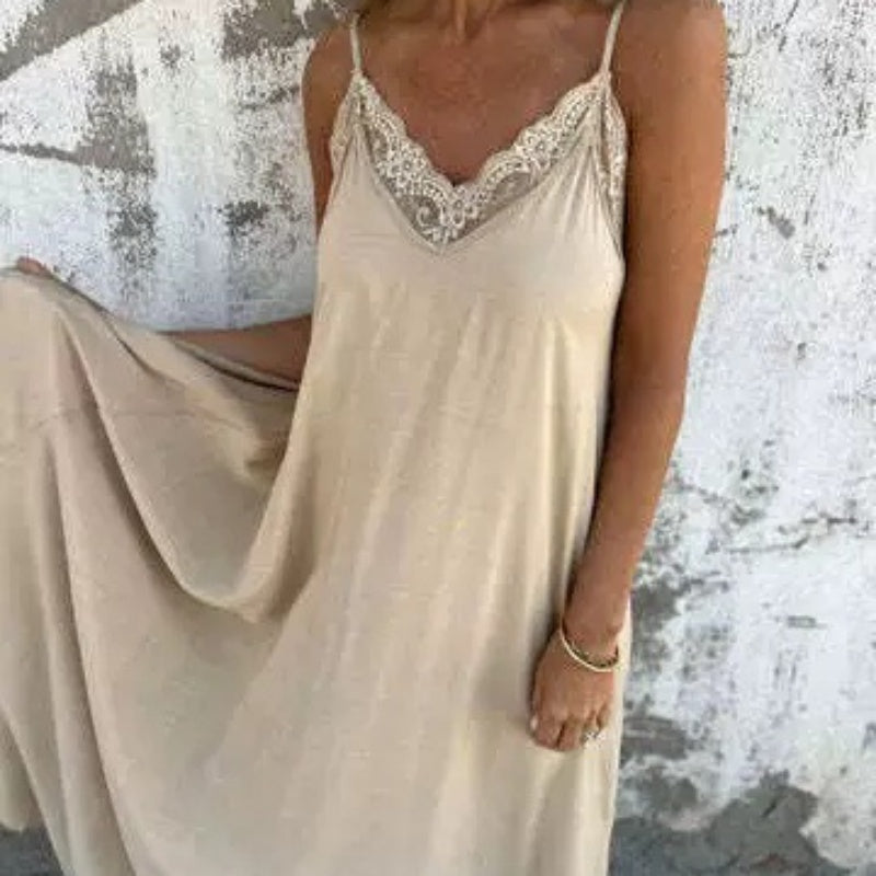 🌸Spring Specials💕 Women's Elegant Lace Trim V-Neck Spaghetti Strap Maxi Dress