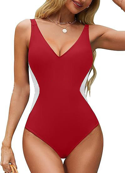 🏖️🏖️2025 Summer Hot Sale 50% OFF🏝️Illusion Waist-Cinching Deep V Color Block Swimsuit