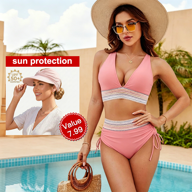 👙 Summer Hot Sale 60% OFF💥👙High Waisted Tummy Control Color Block Bikini Sets With Free Hat