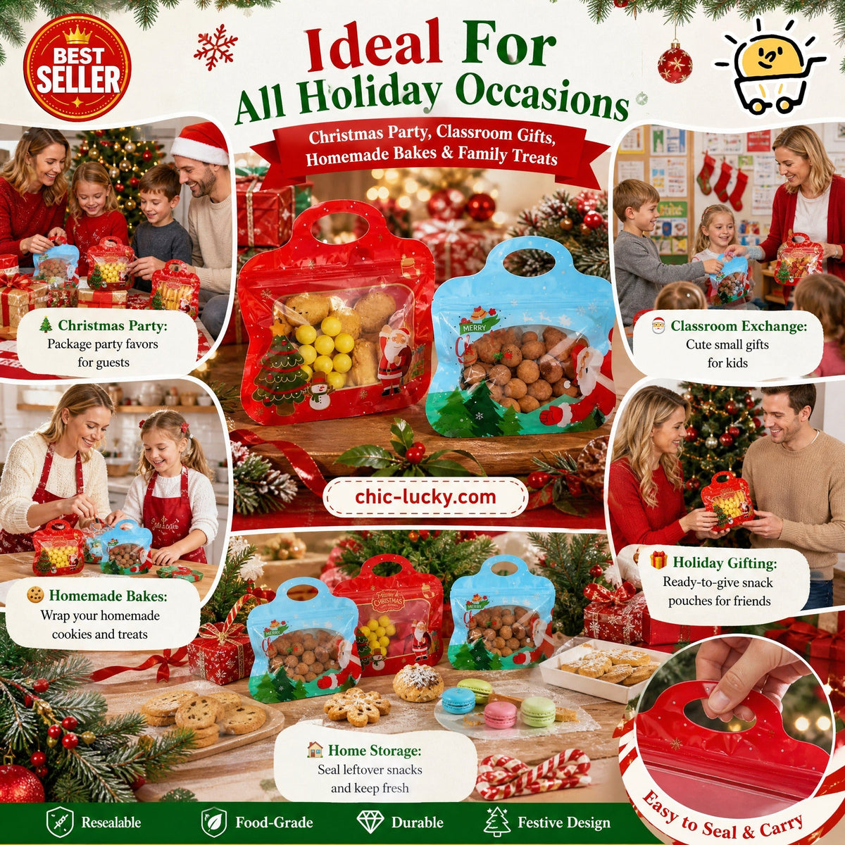 🎁70% OFF!!!-Ready for Christmas!🎅Easy Fill, Easy Seal🎄Festive Self-Seal Treat Bags – Santa & Snowman Print | Resealable, Food-Safe & Perfect for Cookies, Chocolates & Little Gifts🎅⛄
