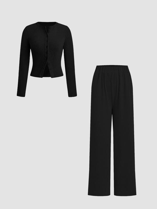 🌈2025 Autumn Hot Sale 49%OFF 🌈 Slim-Fit Long-Sleeve Button-Up Top & Wide-Leg Pants 2-Piece Set