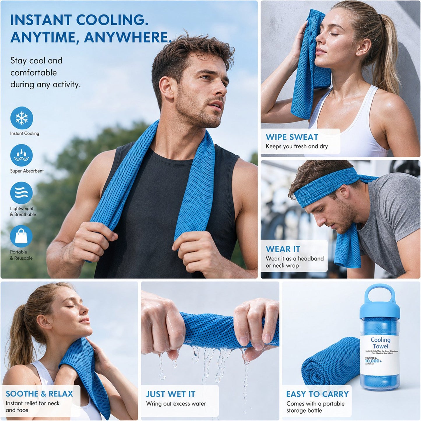 🔥Summer Hot Sale - BUY 1 GET 1 FREE(Each only ￡3.49)!!⚡50K+ SOLD!❄️Cold Sweat Towel You Can Use Anywhere, Anytime! Reusable Soft Absorbent Cooling Portable2