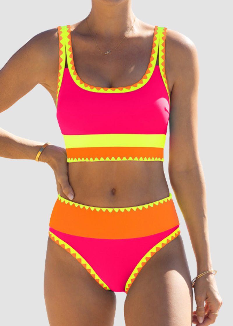 🏖️Vacation Sale 49% OFF💃Color Contrast Patchwork Nylon Sporty 3 Piece Bikini Sets1