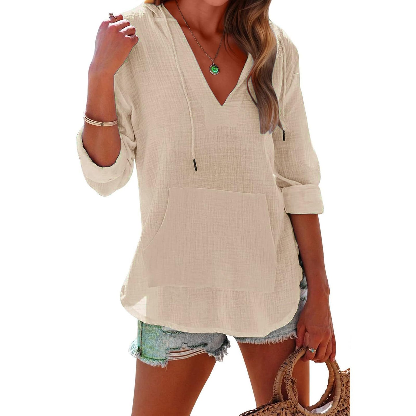 💕Women's Oversized Hooded Beach Cover Up - Long Sleeve V-Neck Pocket Shirt🎽