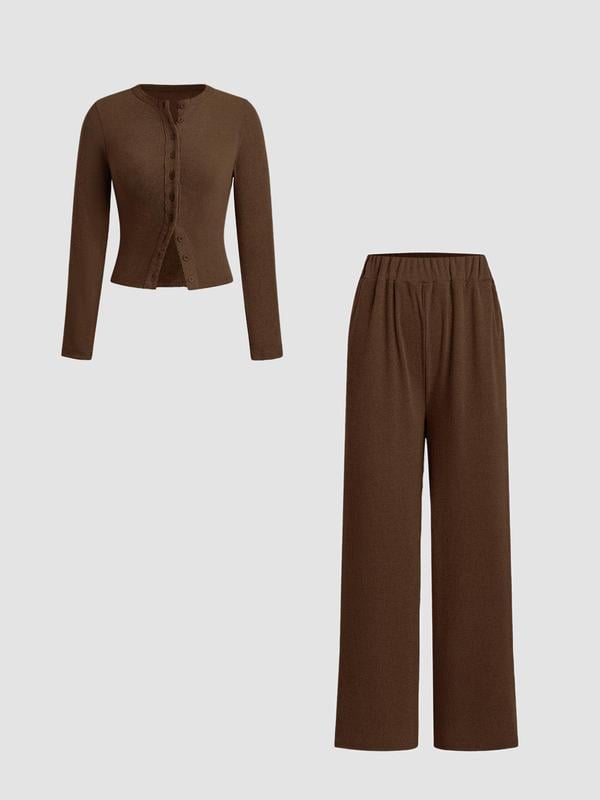🌈2025 Autumn Hot Sale 49%OFF 🌈 Slim-Fit Long-Sleeve Button-Up Top & Wide-Leg Pants 2-Piece Set