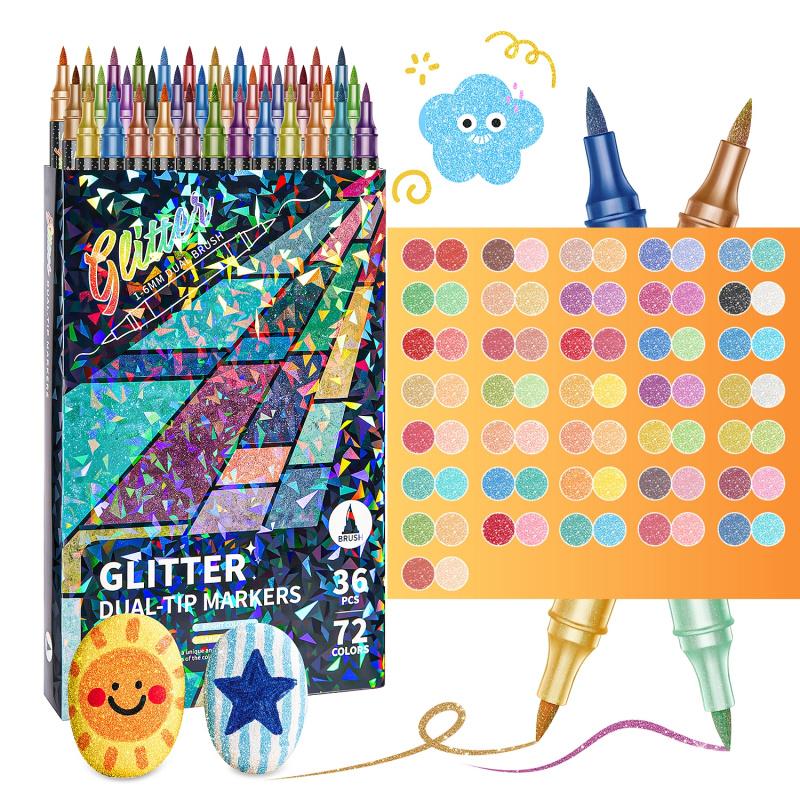 🎨Glitter Effect Brush Markers🥇✨: Create Sparkling Art Smoothly 🥳(🌈24-96 Colors | Smooth No Clog | No Bleed Through📝)1