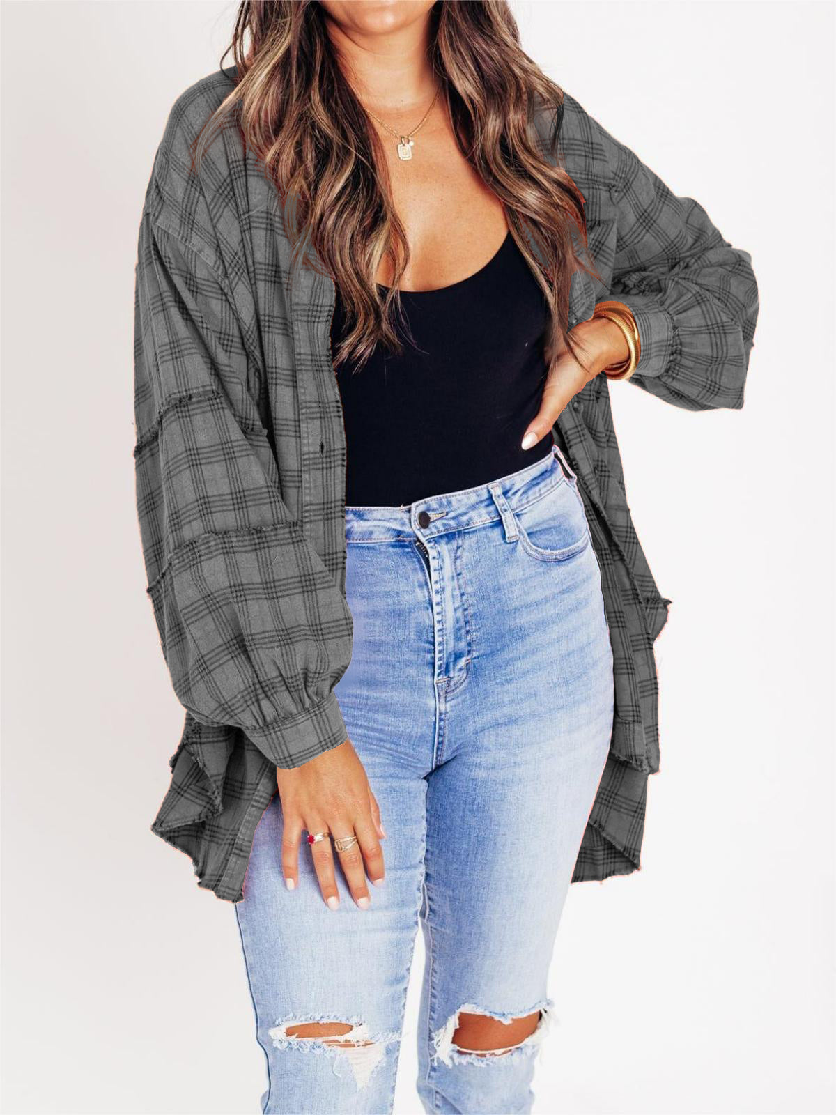 ⏰Early Autumn Sales 50% OFF🍂Women's Mineral Washed Button Down Plaid Shirt With Pockets