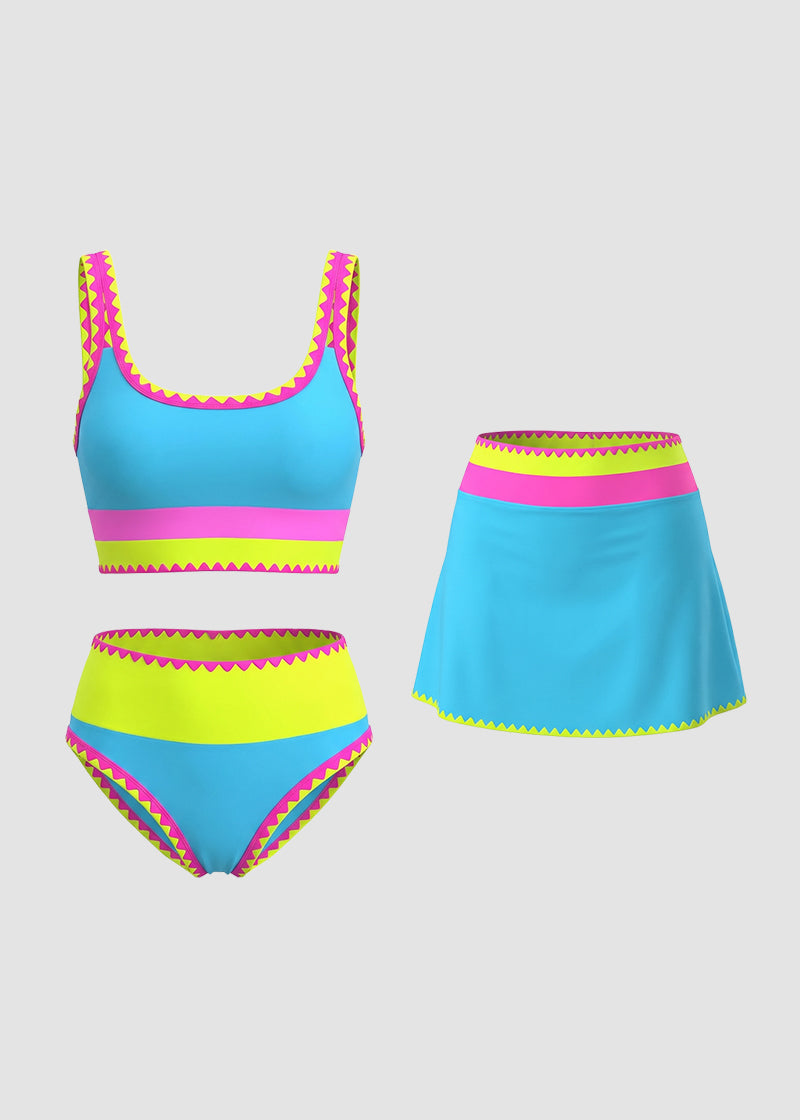 🏖️Vacation Sale 49% OFF💃Color Contrast Patchwork Nylon Sporty 3 Piece Bikini Sets1