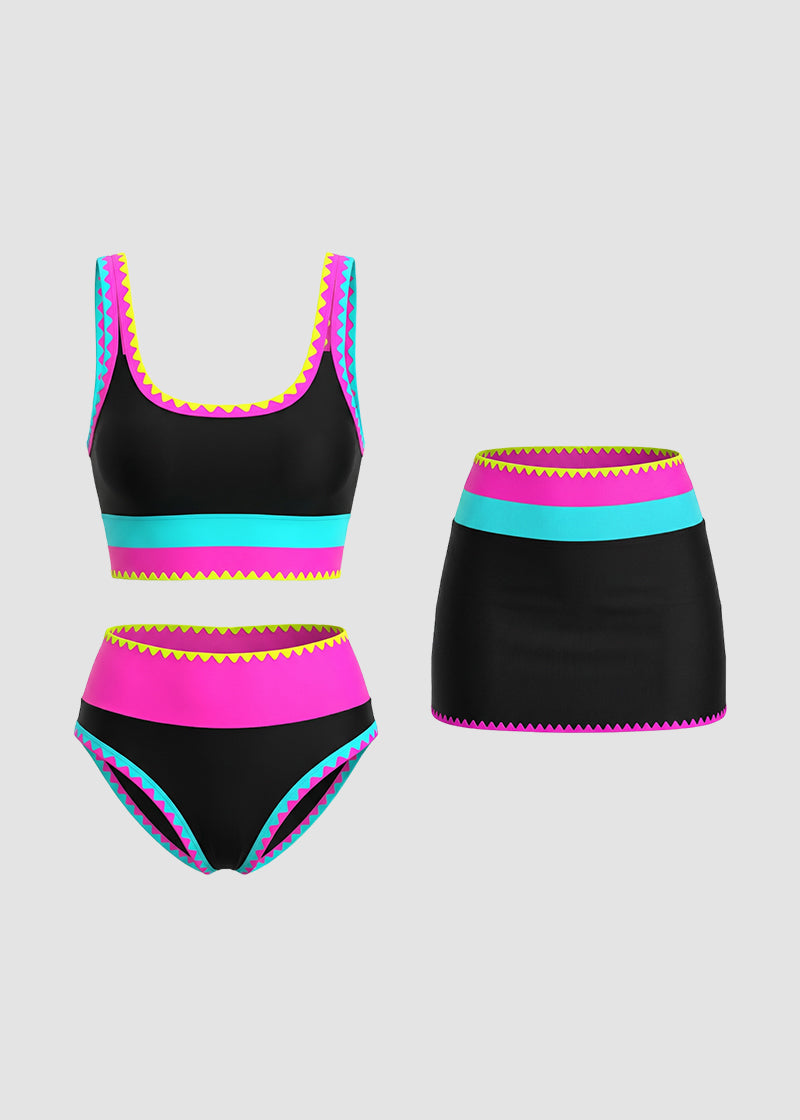 🏖️Vacation Sale 49% OFF💃Color Contrast Patchwork Nylon Sporty 3 Piece Bikini Sets1