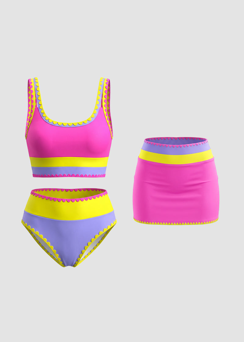 🏖️Vacation Sale 49% OFF💃Color Contrast Patchwork Nylon Sporty 3 Piece Bikini Sets1