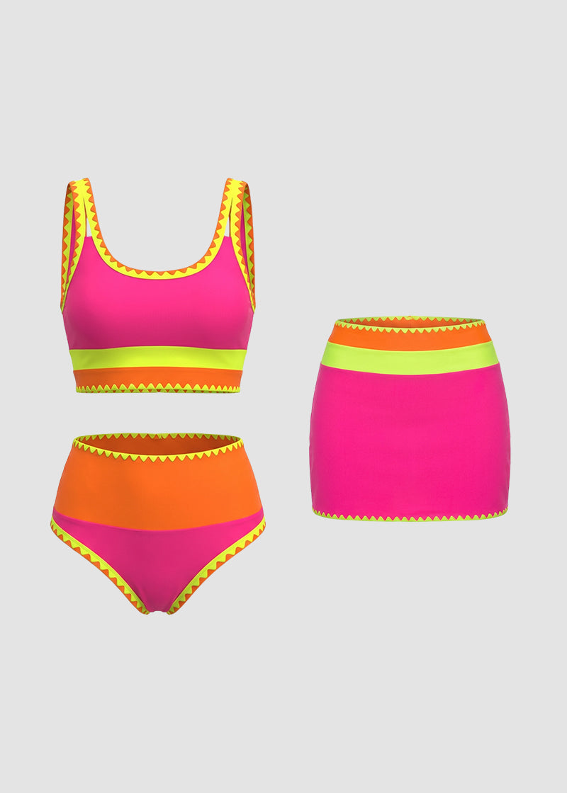 🏖️Vacation Sale 49% OFF💃Color Contrast Patchwork Nylon Sporty 3 Piece Bikini Sets1