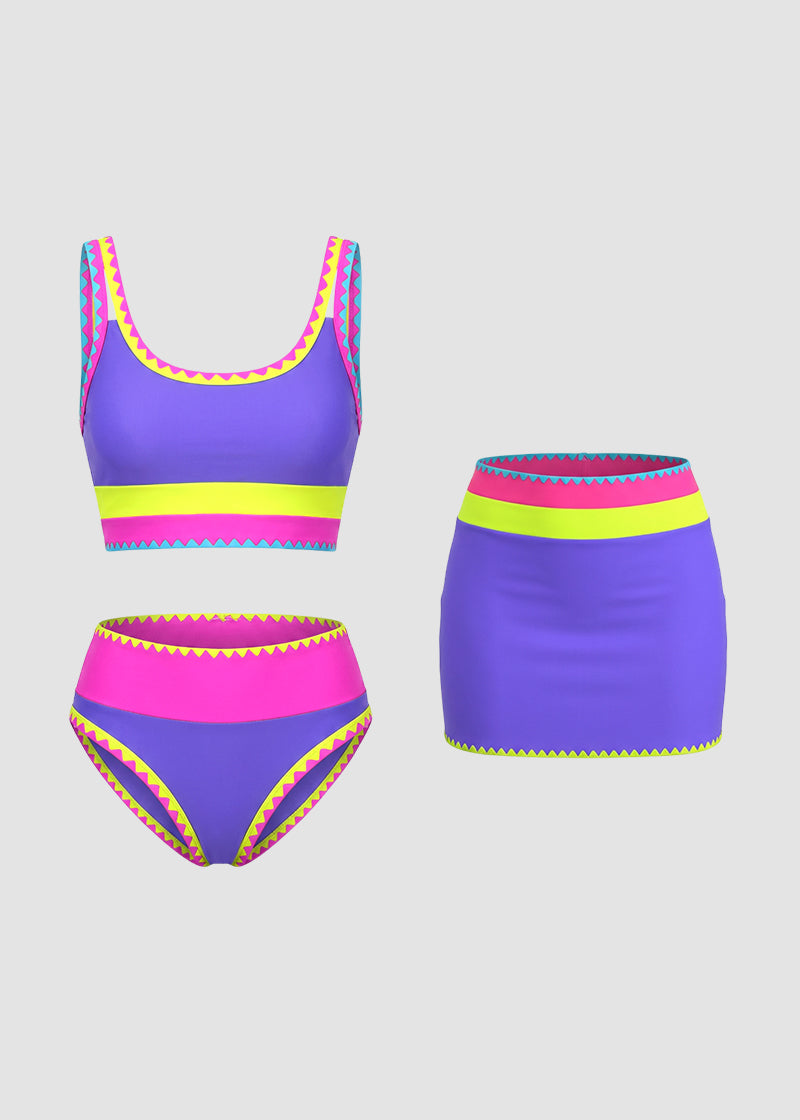🏖️Vacation Sale 49% OFF💃Color Contrast Patchwork Nylon Sporty 3 Piece Bikini Sets1