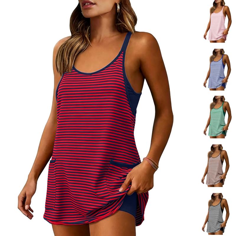 🚨Limited Time 50% Off Striped Tankini Dress with Pockets, High Waist Conservative Swimwear