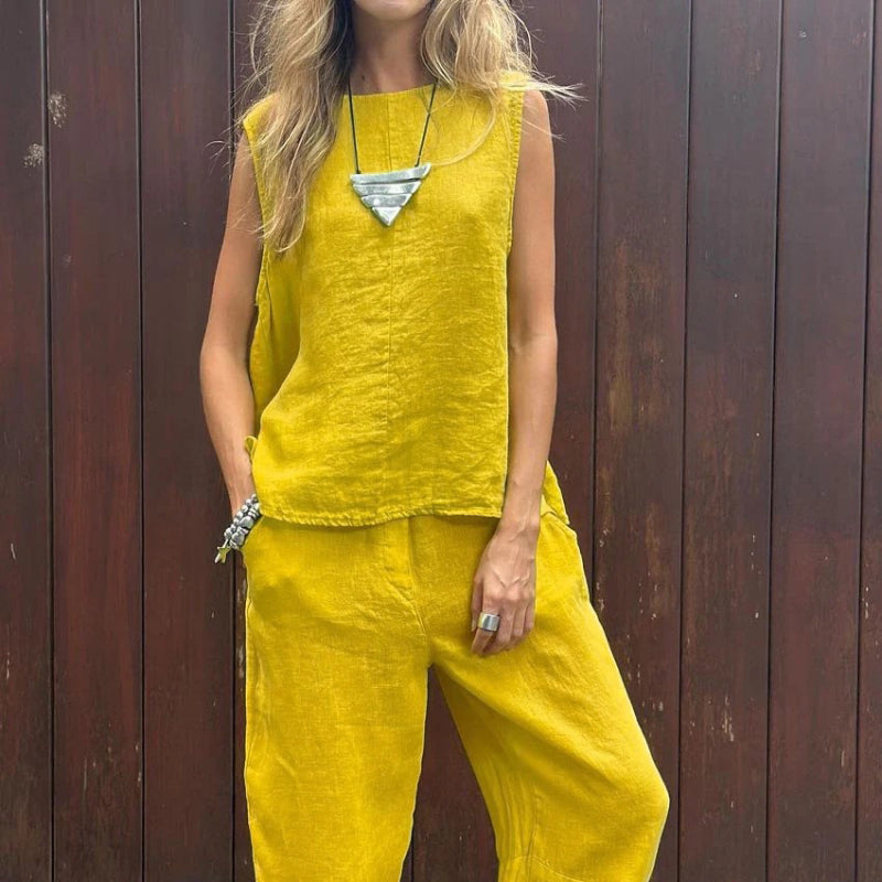 🌸2025 HOT SALE 49% OFF🌸Women's Casual Solid Color Round Neck Vest Trousers Cotton and Linen Two-piece Set