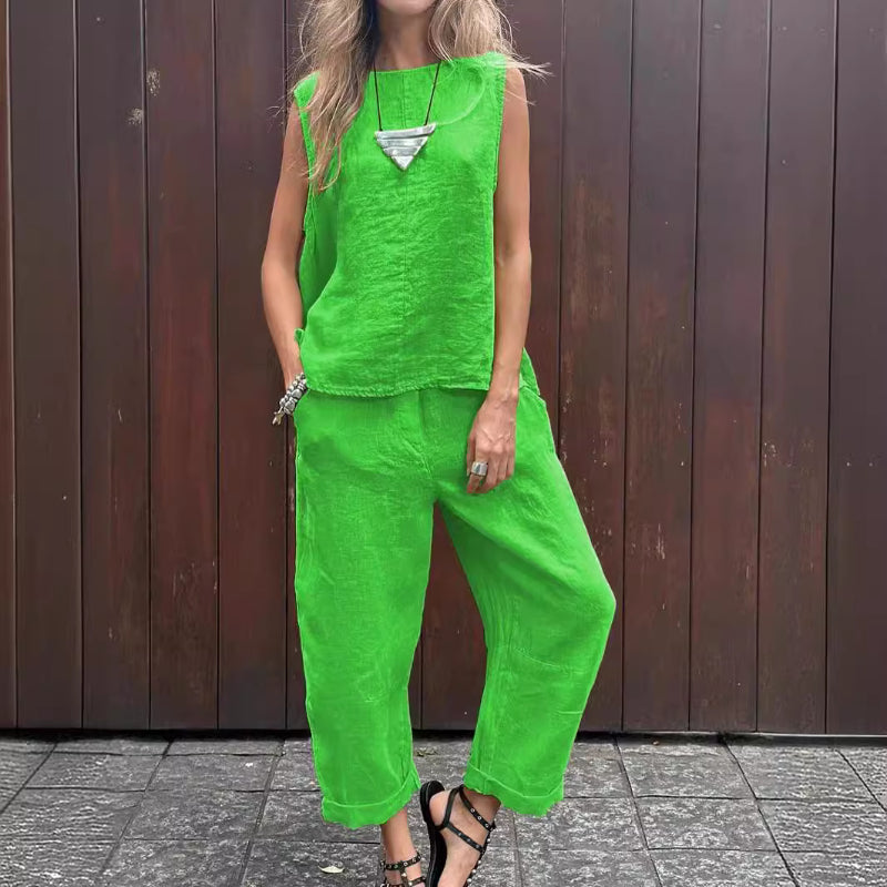 🌸2025 HOT SALE 49% OFF🌸Women's Casual Solid Color Round Neck Vest Trousers Cotton and Linen Two-piece Set