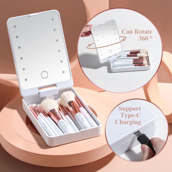 🔥 Big Sale 50% OFF🌈Travel Makeup Brush Set with LED Light Mirror