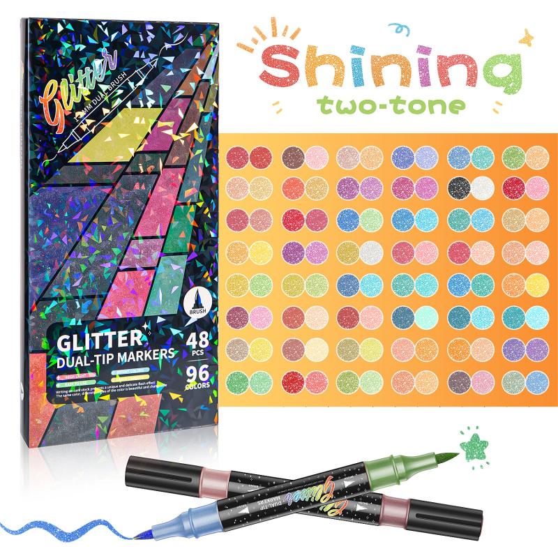 🎨Glitter Effect Brush Markers🥇✨: Create Sparkling Art Smoothly 🥳(🌈24-96 Colors | Smooth No Clog | No Bleed Through📝)1