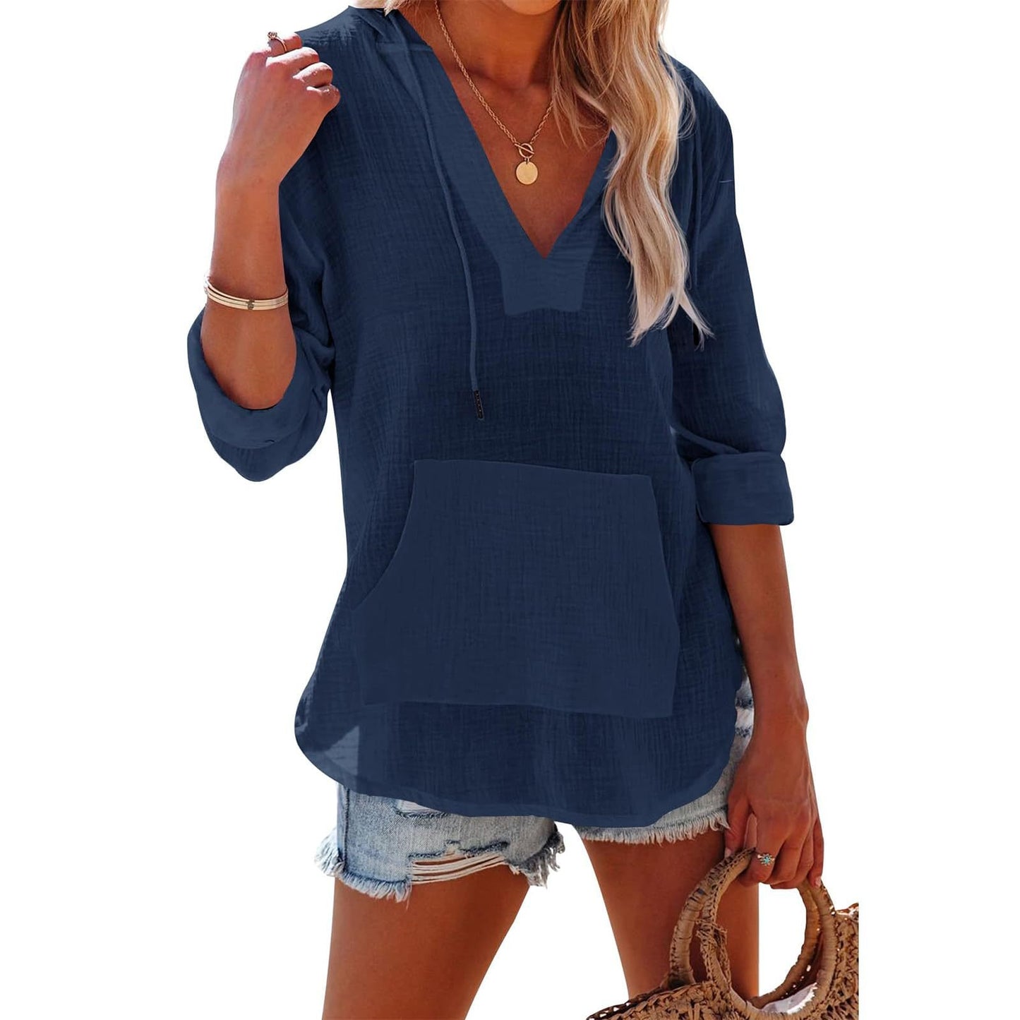 💕Women's Oversized Hooded Beach Cover Up - Long Sleeve V-Neck Pocket Shirt🎽
