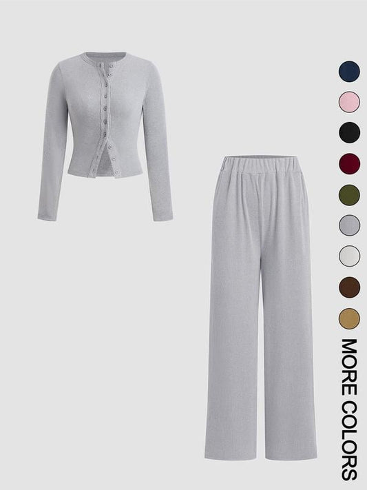 🌈2025 Autumn Hot Sale 49%OFF 🌈 Slim-Fit Long-Sleeve Button-Up Top & Wide-Leg Pants 2-Piece Set