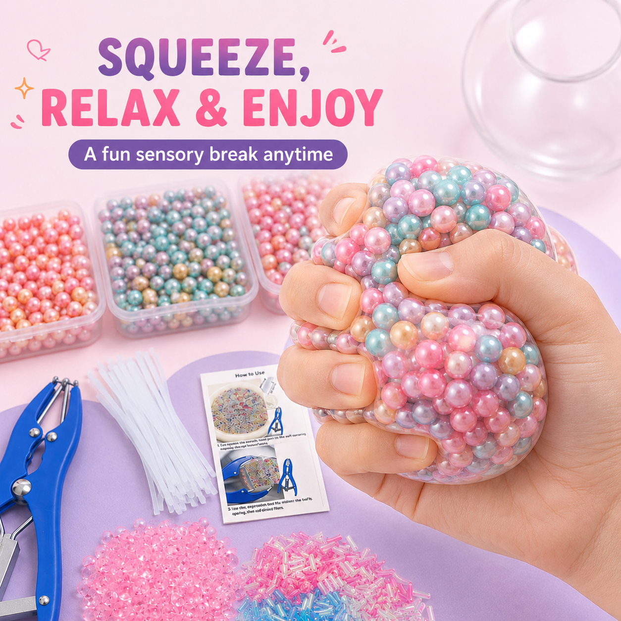 🔥HOT SALE 50% OFF🎁 ✨ DIY Stress Ball Making Kit, Includes 6 Filling Packs, 10 Transparent Blank Soft Skins, Expansion Tool, Ideal for Adult Stress Relief, Squishy Maker