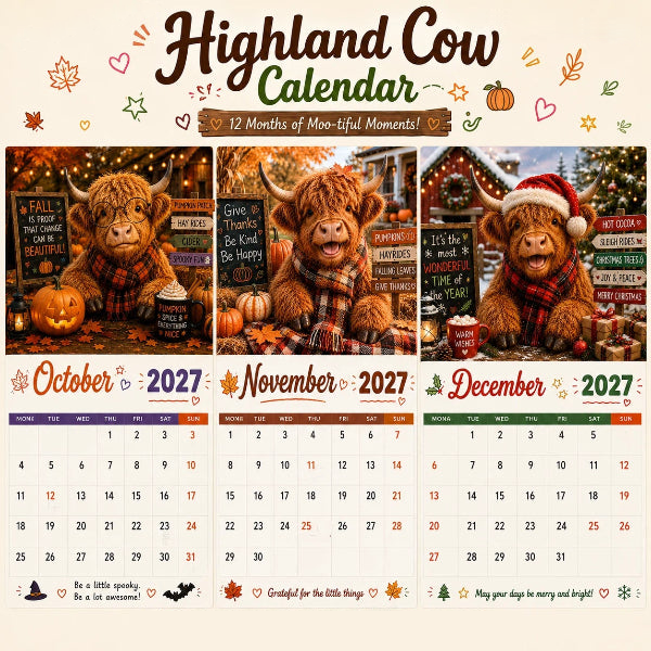 ⏳LAST DAY SALE ONLY ￡6.99!!🔥2027 Funny Highland Cow Wall Calendar | A4 Hanging Calendar | Designed by Isabel Kline