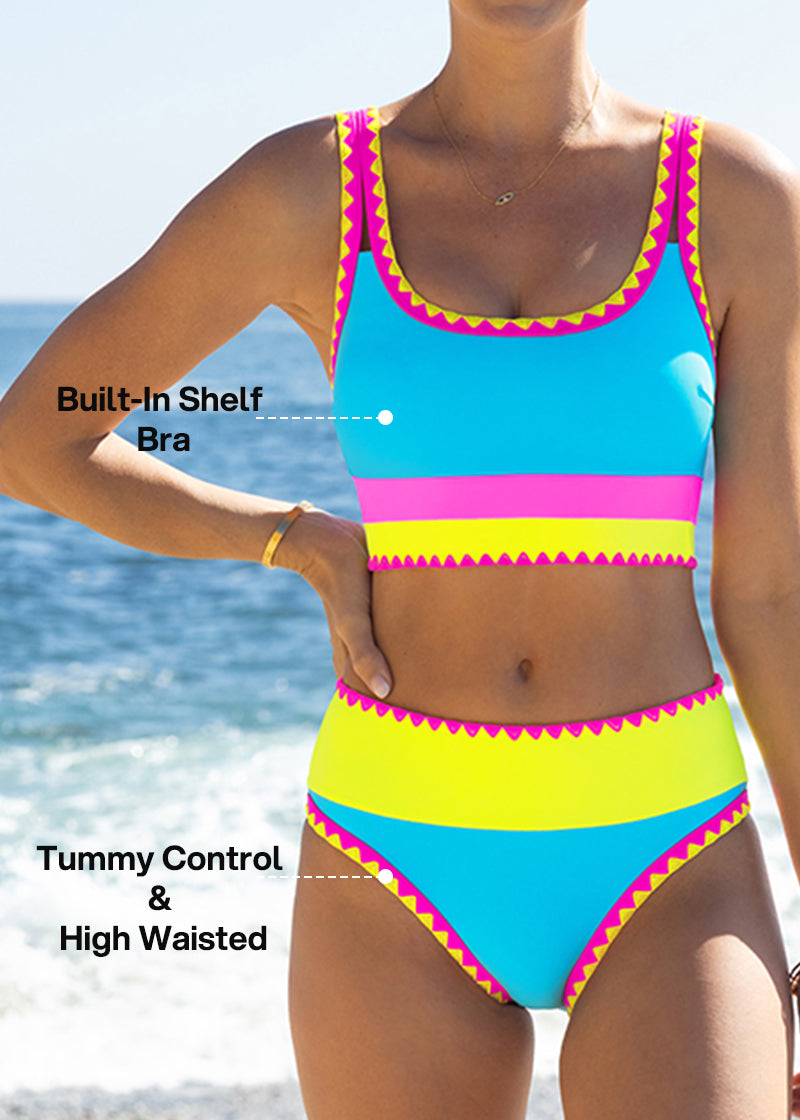 🏖️Vacation Sale 49% OFF💃Color Contrast Patchwork Nylon Sporty 3 Piece Bikini Sets1