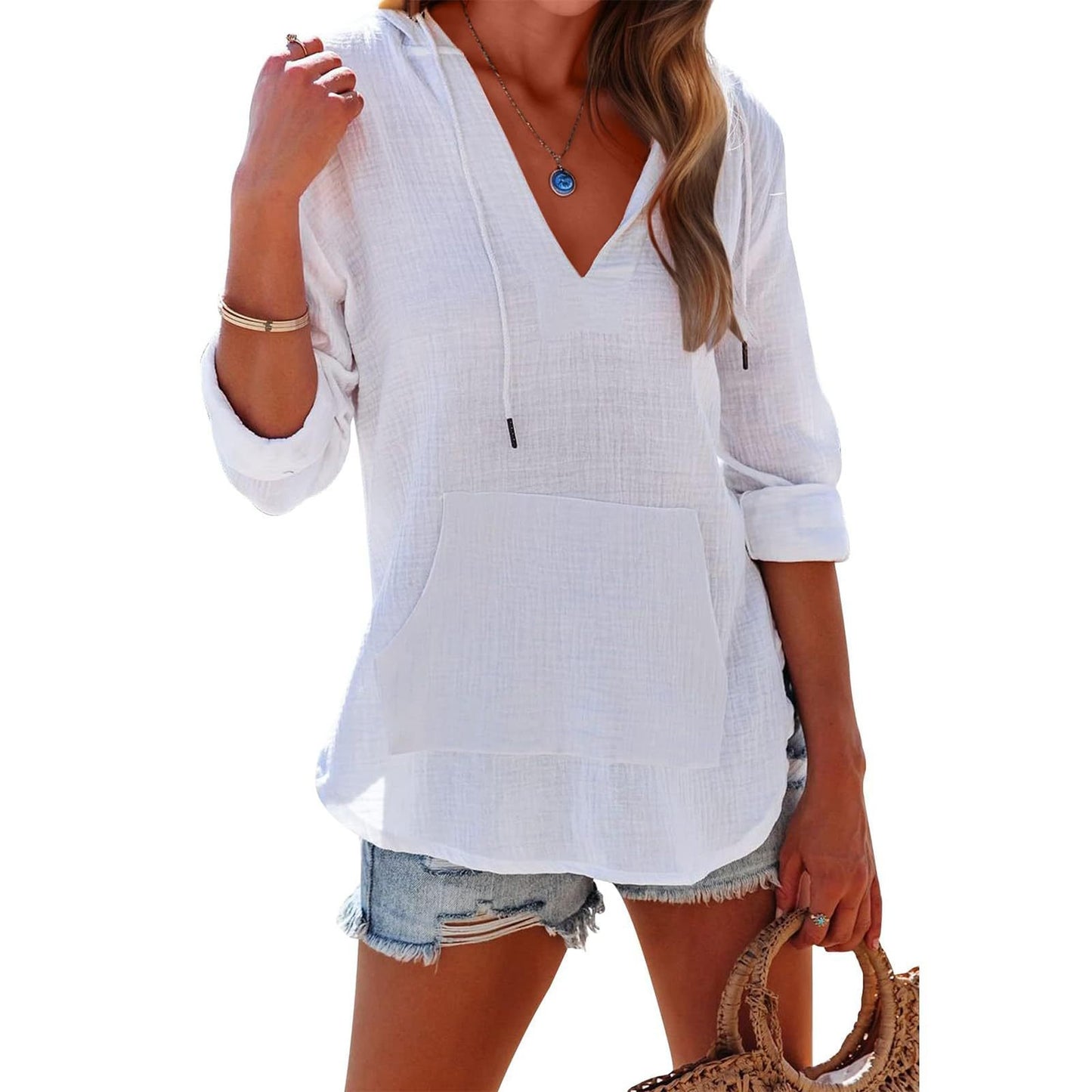💕Women's Oversized Hooded Beach Cover Up - Long Sleeve V-Neck Pocket Shirt🎽