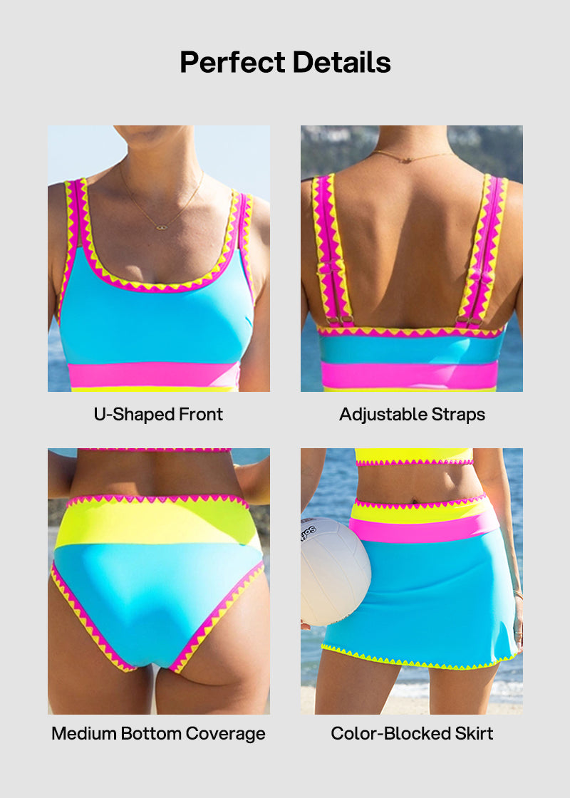 🏖️Vacation Sale 49% OFF💃Color Contrast Patchwork Nylon Sporty 3 Piece Bikini Sets1