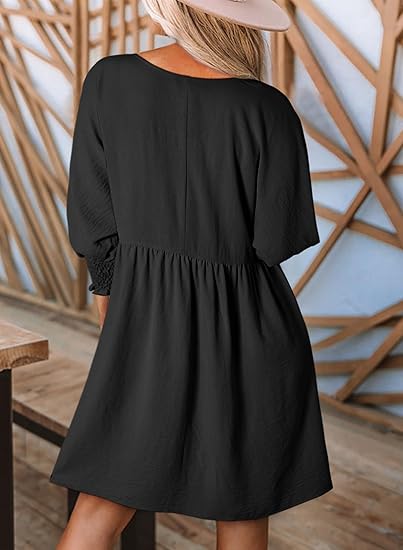 🌷Summer Hot Sale 60% Off💕Round Neck Short Sleeve Smocked Tunic Dress with 3/4 Sleeves