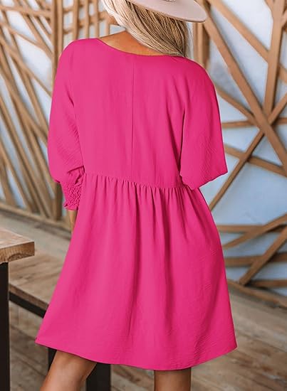 🌷Summer Hot Sale 60% Off💕Round Neck Short Sleeve Smocked Tunic Dress with 3/4 Sleeves