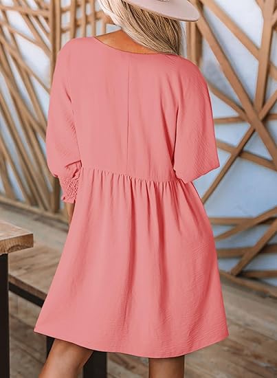 🌷Summer Hot Sale 60% Off💕Round Neck Short Sleeve Smocked Tunic Dress with 3/4 Sleeves
