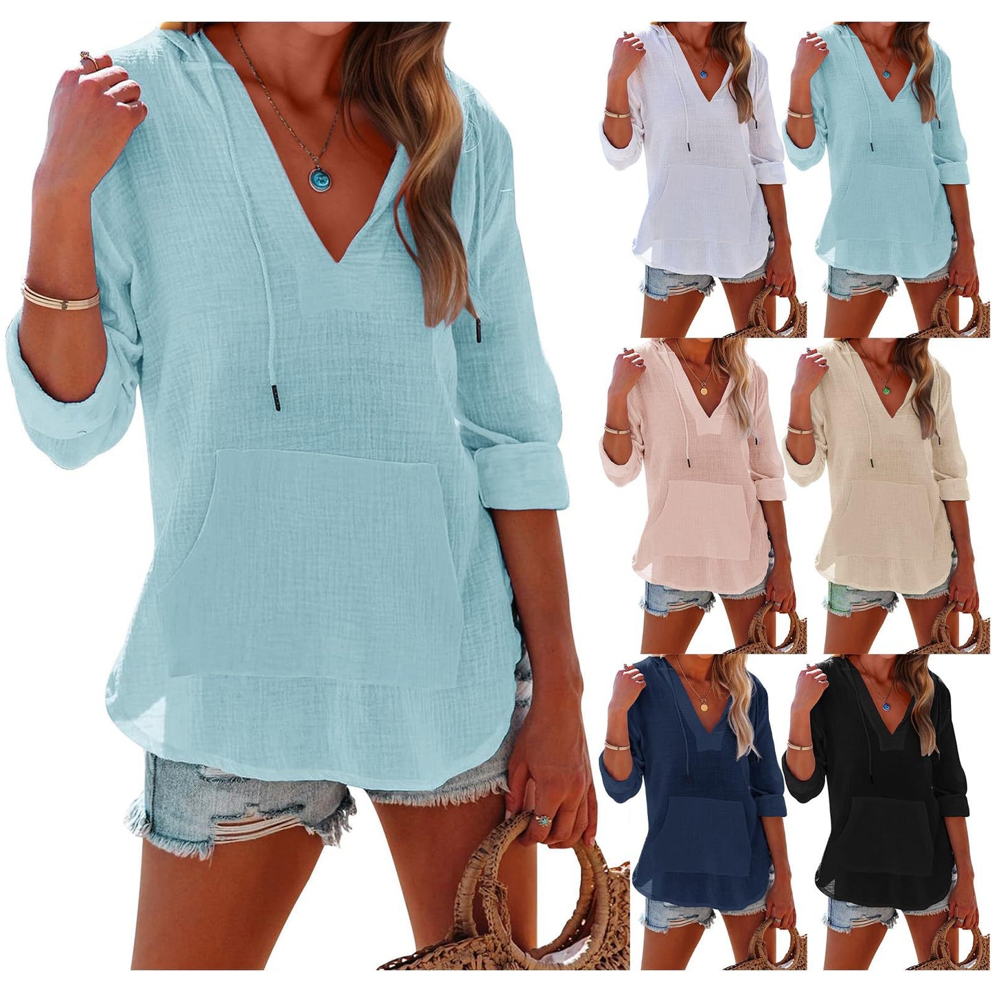 💕Women's Oversized Hooded Beach Cover Up - Long Sleeve V-Neck Pocket Shirt🎽