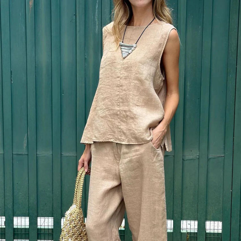 🌸2025 HOT SALE 49% OFF🌸Women's Casual Solid Color Round Neck Vest Trousers Cotton and Linen Two-piece Set
