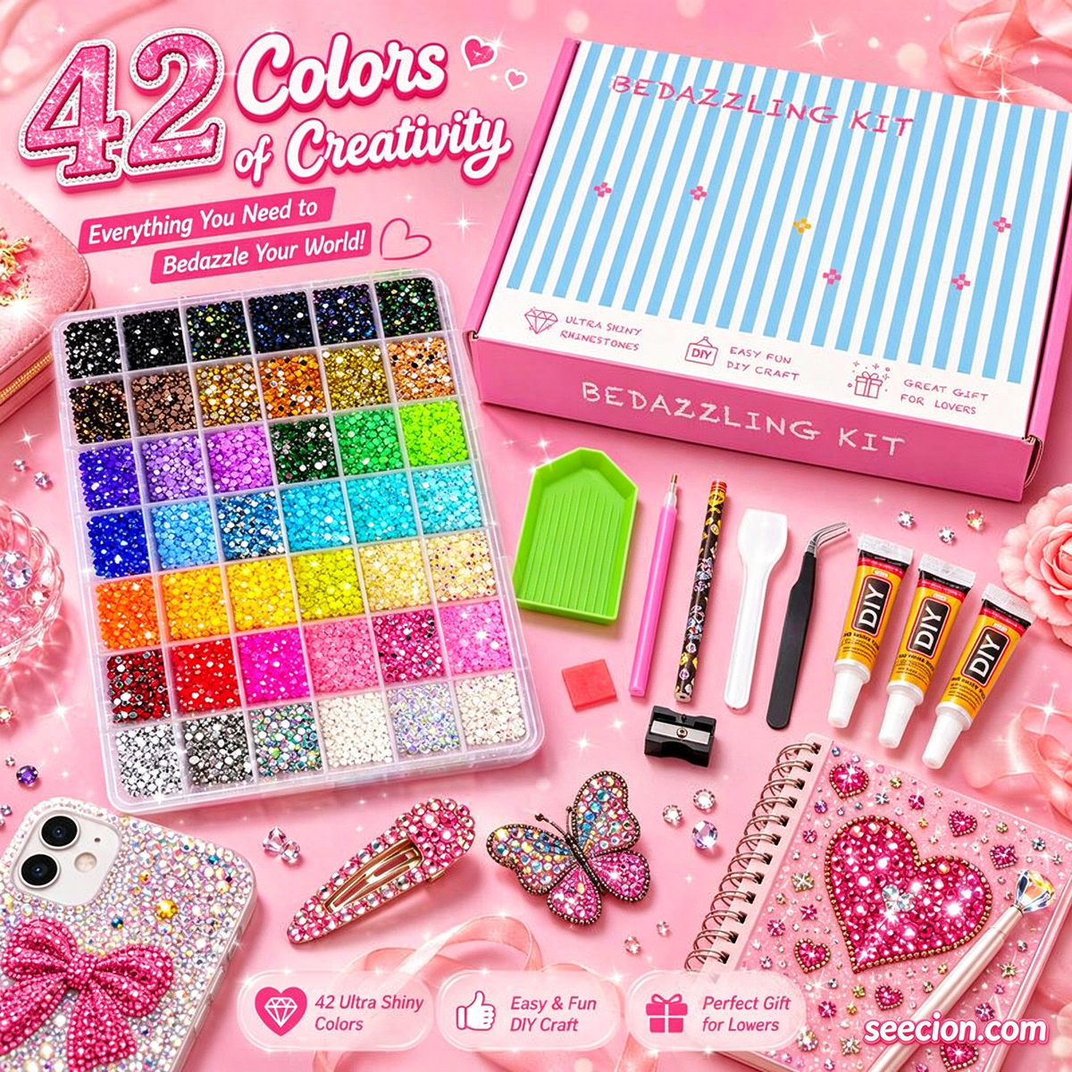 AB Color Jelly Flatback Resin Rhinestones Kit with Storage Organizer Box Glue and Tools for DIY Nail Art Clothes and Phone Case Decoration