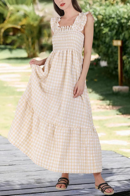 💥Last Day Special Sale 49% OFF💃Women's Retro Plaid Smocked Dress Spaghetti Strap Flounce Long Dress With Pockets