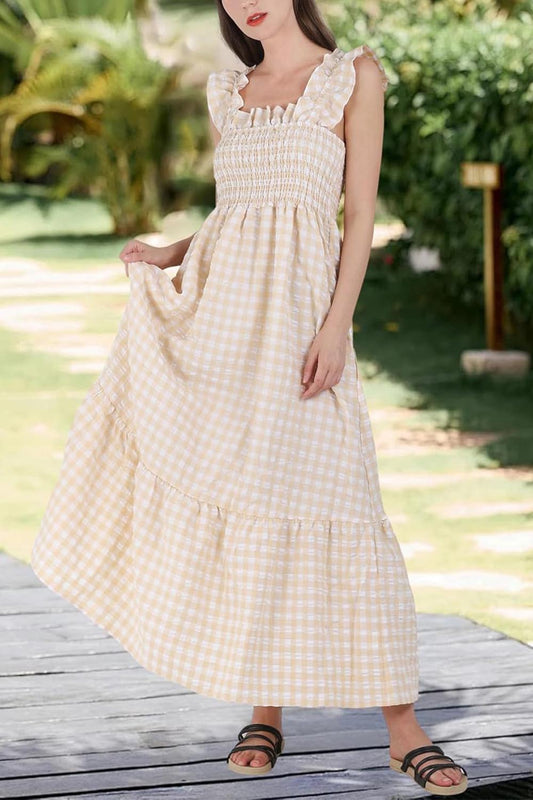 💥Last Day Special Sale 49% OFF💃Women's Retro Plaid Smocked Dress Spaghetti Strap Flounce Long Dress With Pockets