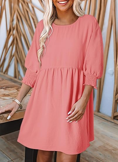 🌷Summer Hot Sale 60% Off💕Round Neck Short Sleeve Smocked Tunic Dress with 3/4 Sleeves