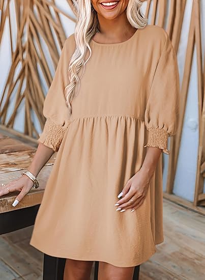 🌷Summer Hot Sale 60% Off💕Round Neck Short Sleeve Smocked Tunic Dress with 3/4 Sleeves
