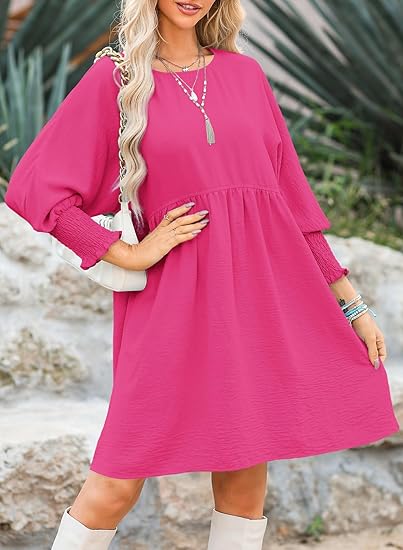 🌷Summer Hot Sale 60% Off💕Round Neck Short Sleeve Smocked Tunic Dress with 3/4 Sleeves