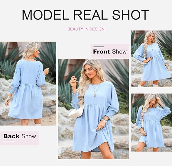 🌷Summer Hot Sale 60% Off💕Round Neck Short Sleeve Smocked Tunic Dress with 3/4 Sleeves
