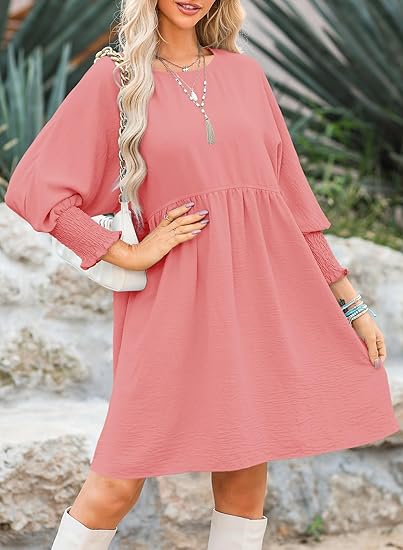 🌷Summer Hot Sale 60% Off💕Round Neck Short Sleeve Smocked Tunic Dress with 3/4 Sleeves