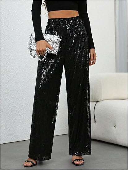 🎄LAST DAY SALE 50% OFF🥰Women's Sequin Sparkle Wide Leg Pants with Elastic Waistband