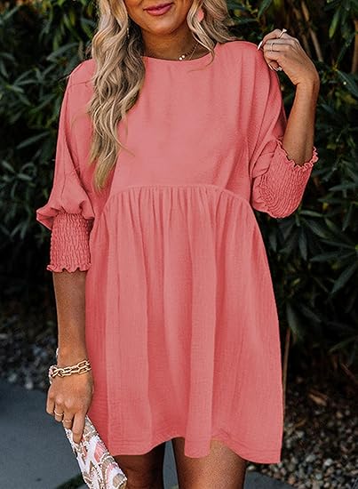 🌷Summer Hot Sale 60% Off💕Round Neck Short Sleeve Smocked Tunic Dress with 3/4 Sleeves