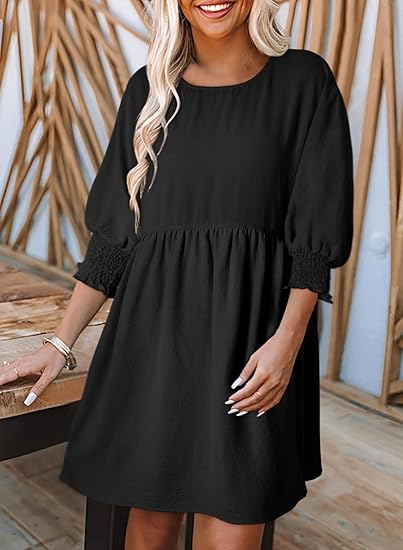 🌷Summer Hot Sale 60% Off💕Round Neck Short Sleeve Smocked Tunic Dress with 3/4 Sleeves