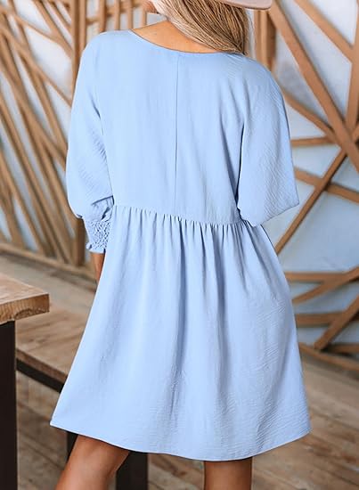 🌷Summer Hot Sale 60% Off💕Round Neck Short Sleeve Smocked Tunic Dress with 3/4 Sleeves