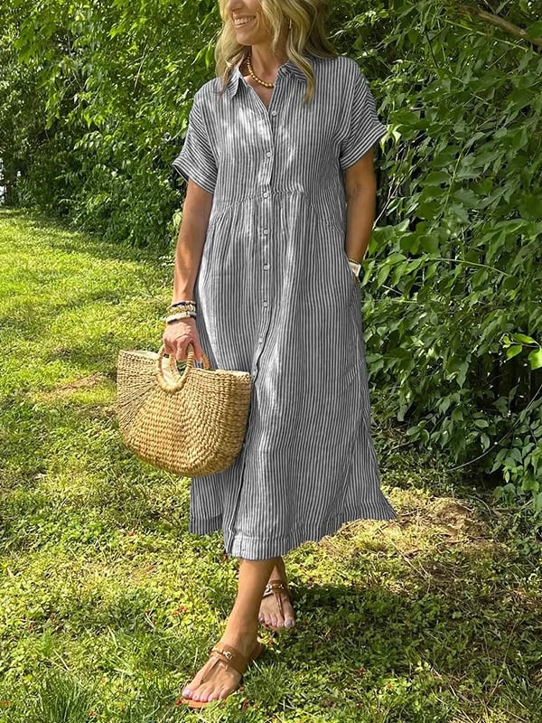 🔥LAST DAY SALE 50% OFF🔥Striped Lapel Button Down Shirt Dress | With Functional Pockets