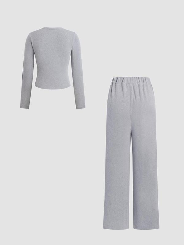 🌈2025 Autumn Hot Sale 49%OFF 🌈 Slim-Fit Long-Sleeve Button-Up Top & Wide-Leg Pants 2-Piece Set